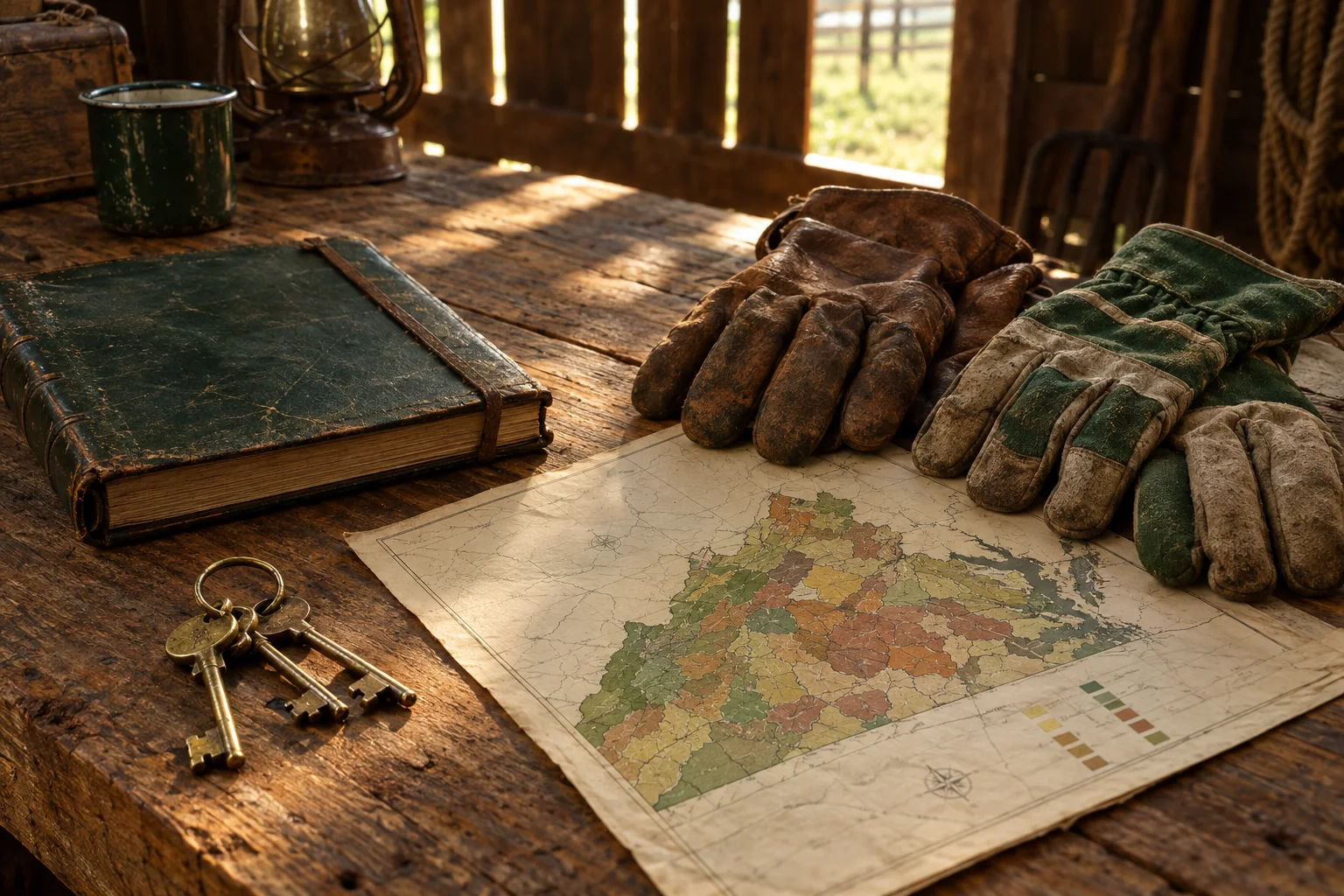 Farm keys, a field ledger, a county soil map and two pairs of work gloves on a barn workbench