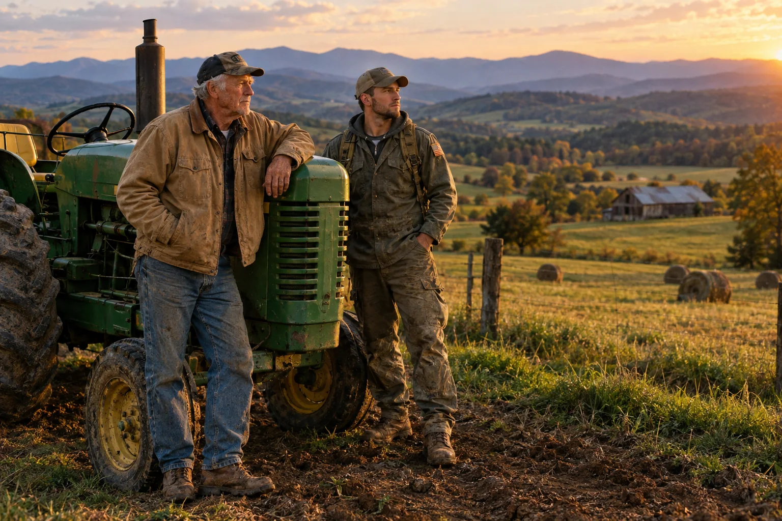 A retiring farmer and a younger apprentice standing beside a tractor overlooking Virginia pasture at golden hour